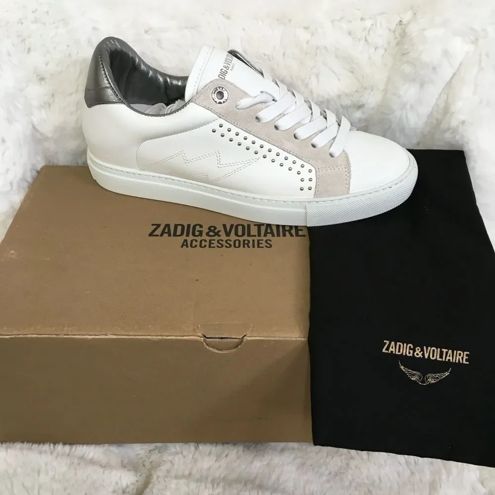 NEW ZADIG & VOLTAIRE White Leather Lightning Bolt Studded Sneakers Size 10